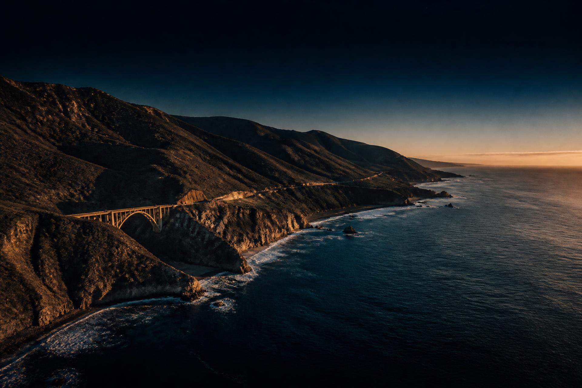 Aerial view of the California coastline at golden hour